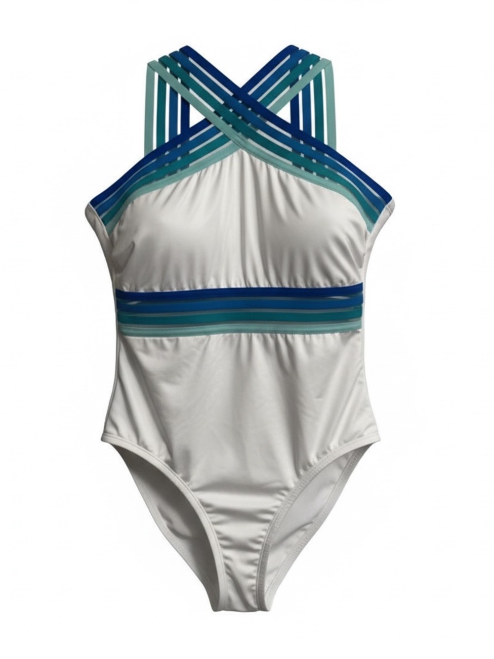 NWT Kenneth Cole‎ New York Tummy Toner One Piece Swimsuit White Blue L Large